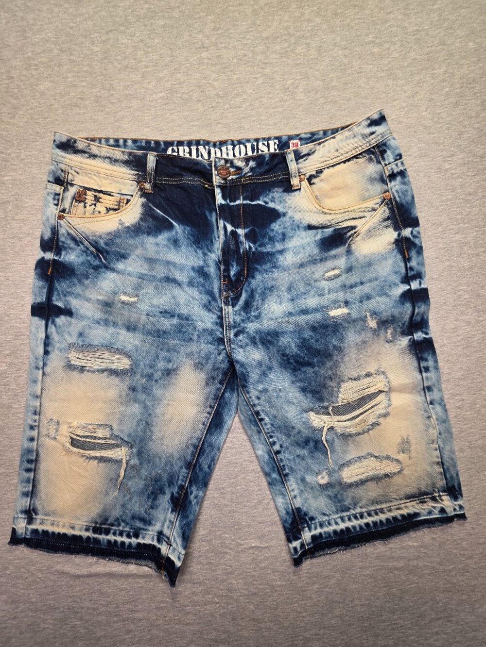 Grindhouse Denim Men's Distressed Acid Wash Jean Shorts Size 38 Ripped Denim
